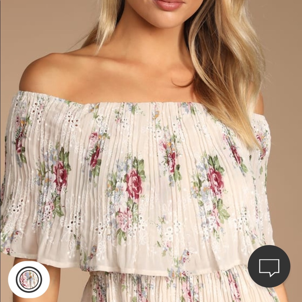 Beige Floral Ruffle Off-the-Shoulder Dress - Picture 3 of 6
